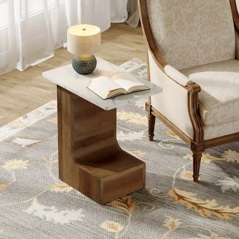 C-Shaped Sofa Side Table with Faux Marble Tabletop and 2-Tier Shelf, Bedside End Table