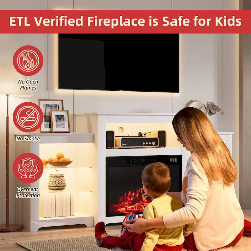 32 H TV Stand with Fireplace for TVs up to 80 - Remote Control, Energy-Efficient Heater, 16-Color Light Strip