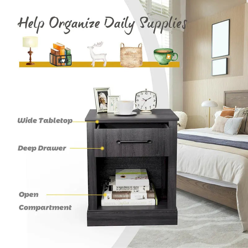 Nightstand with Drawer and Shelf Rustic Wooden Bedside Table