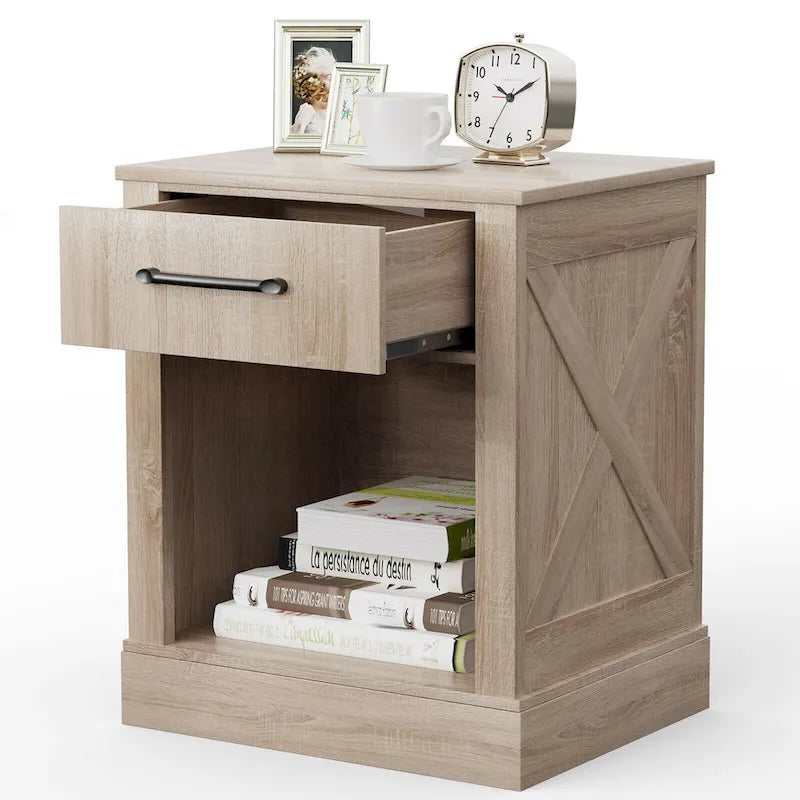 Nightstand with Drawer and Shelf Rustic Wooden Bedside Table