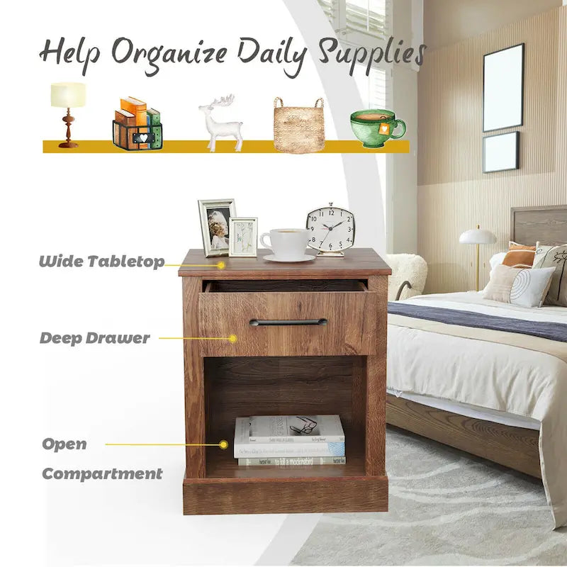 Nightstand with Drawer and Shelf Rustic Wooden Bedside Table