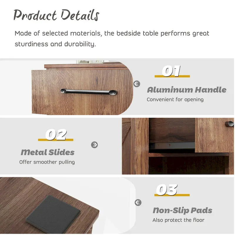Nightstand with Drawer and Shelf Rustic Wooden Bedside Table