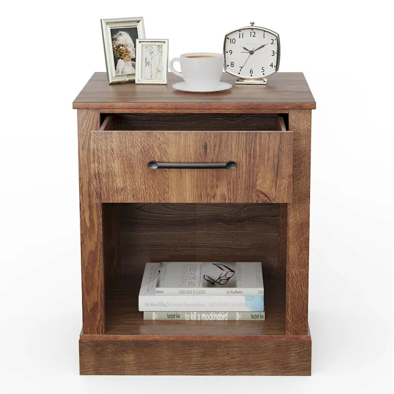 Nightstand with Drawer and Shelf Rustic Wooden Bedside Table