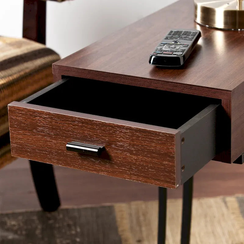 Side Table with Power Outlet and USB Port, Walnut Finish with Black Metal Frame