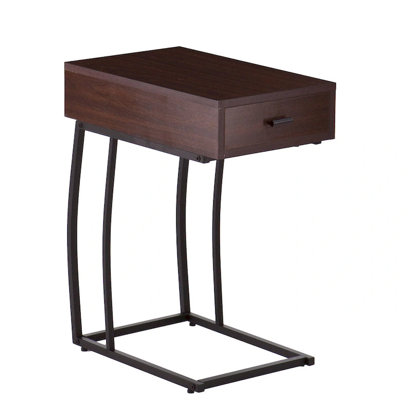 Side Table with Power Outlet and USB Port, Walnut Finish with Black Metal Frame