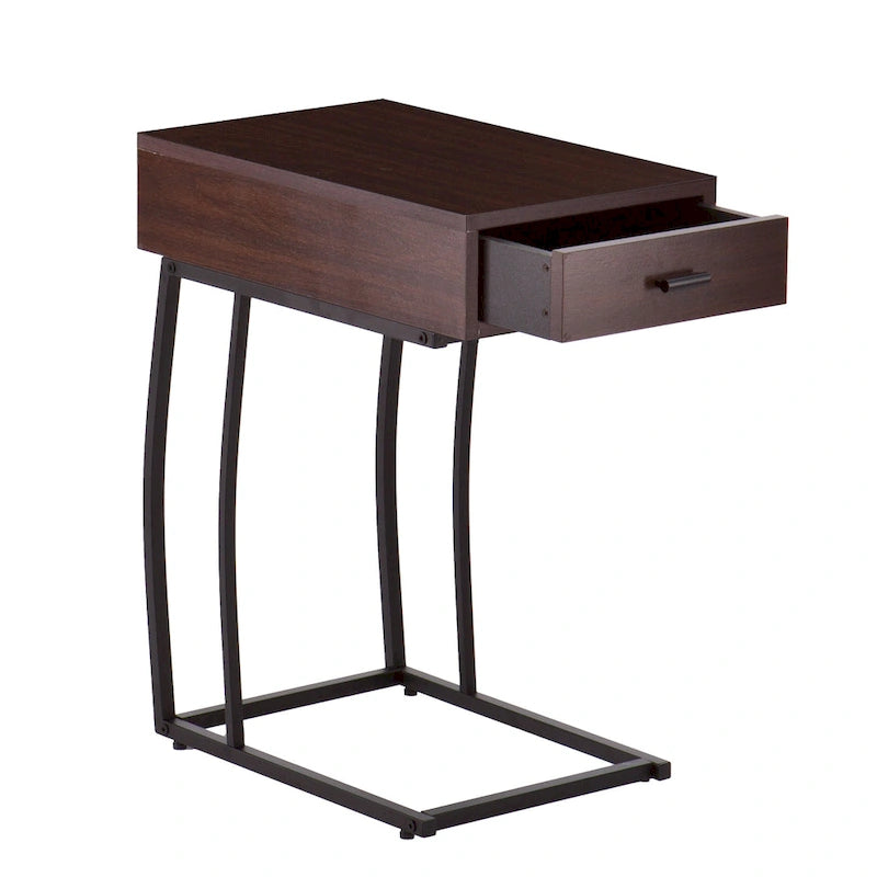 Side Table with Power Outlet and USB Port, Walnut Finish with Black Metal Frame