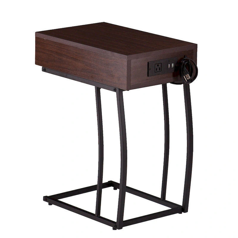 Side Table with Power Outlet and USB Port, Walnut Finish with Black Metal Frame