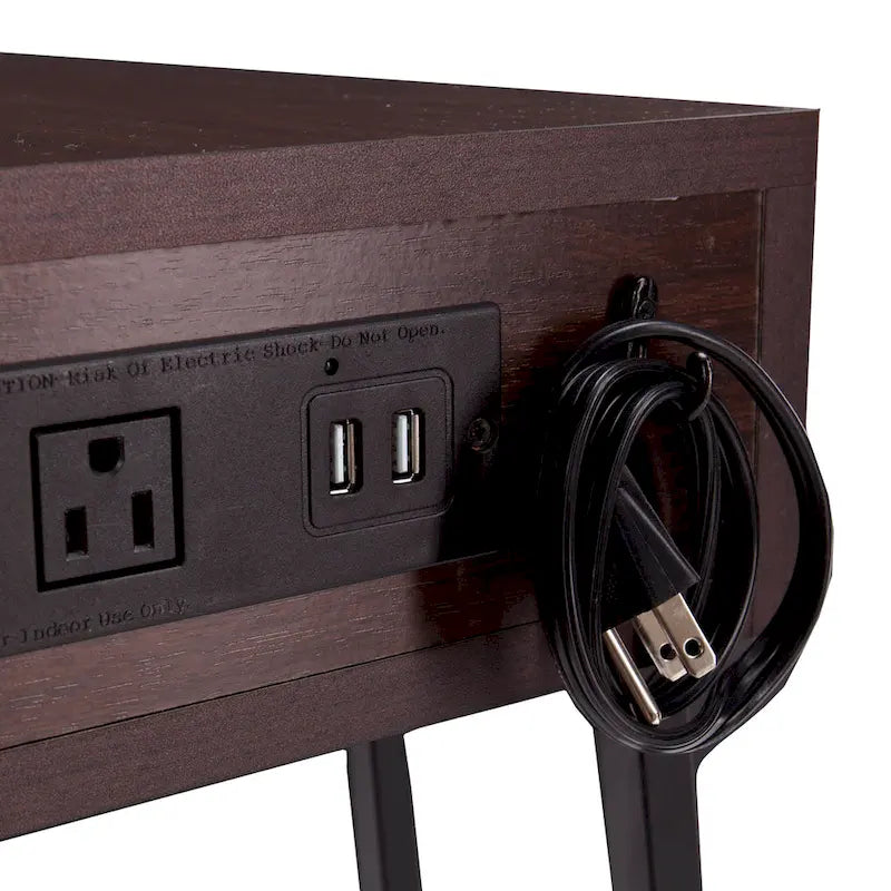 Side Table with Power Outlet and USB Port, Walnut Finish with Black Metal Frame