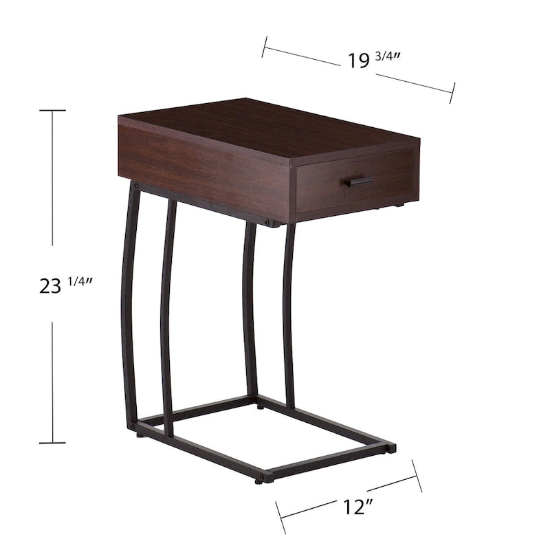 Side Table with Power Outlet and USB Port, Walnut Finish with Black Metal Frame