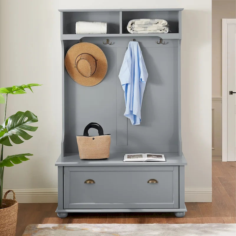 Coastal Style Hall Tree with Entryway Bench, Coat Hooks, Open Shelves and Shoe Storage