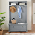 Coastal Style Hall Tree with Entryway Bench, Coat Hooks, Open Shelves and Shoe Storage