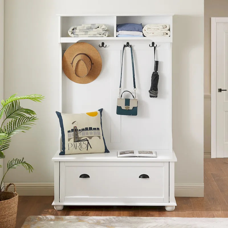 Coastal Style Hall Tree with Entryway Bench, Coat Hooks, Open Shelves and Shoe Storage