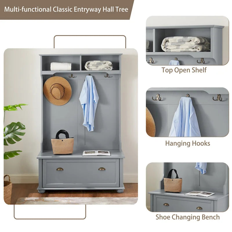 Coastal Style Hall Tree with Entryway Bench, Coat Hooks, Open Shelves and Shoe Storage