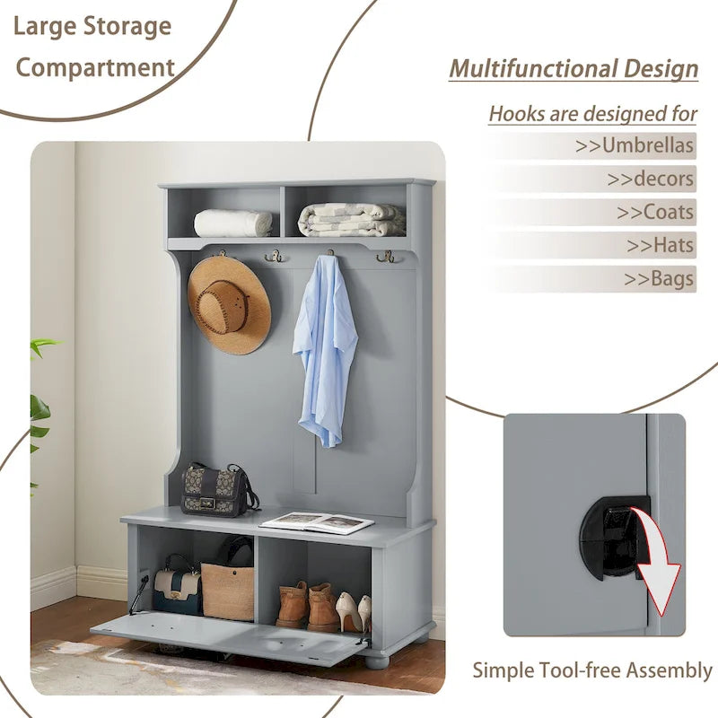 Coastal Style Hall Tree with Entryway Bench, Coat Hooks, Open Shelves and Shoe Storage