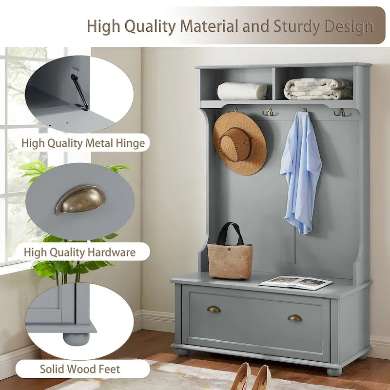 Coastal Style Hall Tree with Entryway Bench, Coat Hooks, Open Shelves and Shoe Storage