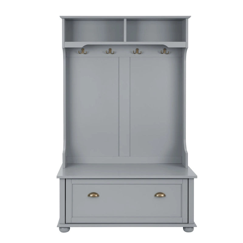 Coastal Style Hall Tree with Entryway Bench, Coat Hooks, Open Shelves and Shoe Storage