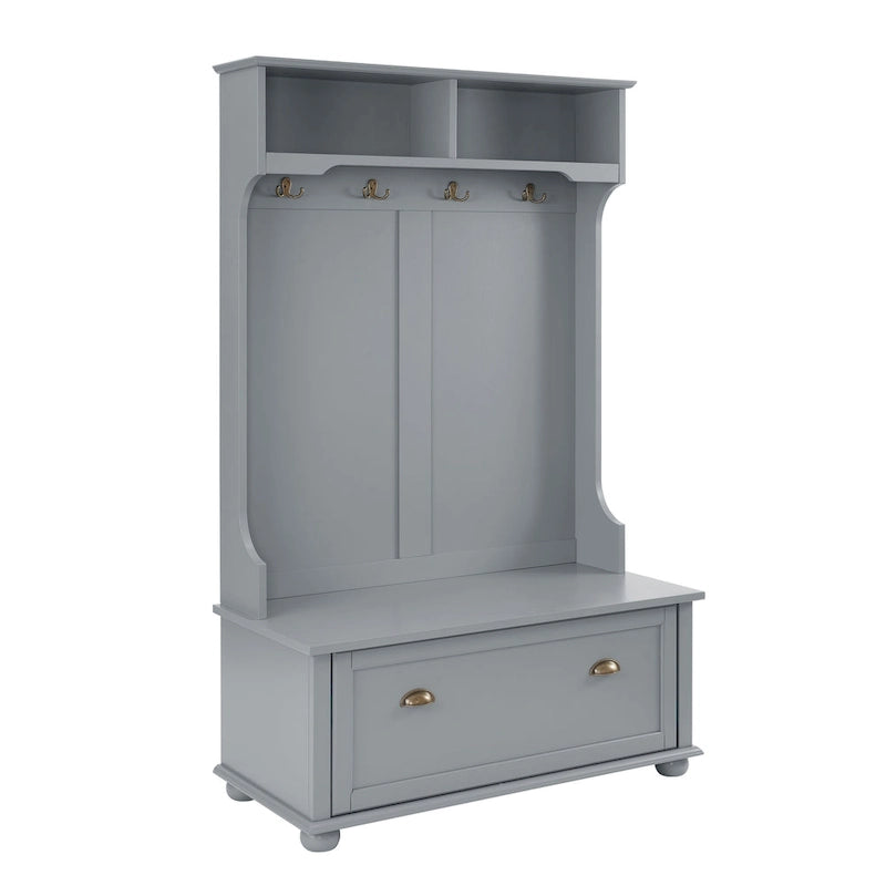 Coastal Style Hall Tree with Entryway Bench, Coat Hooks, Open Shelves and Shoe Storage