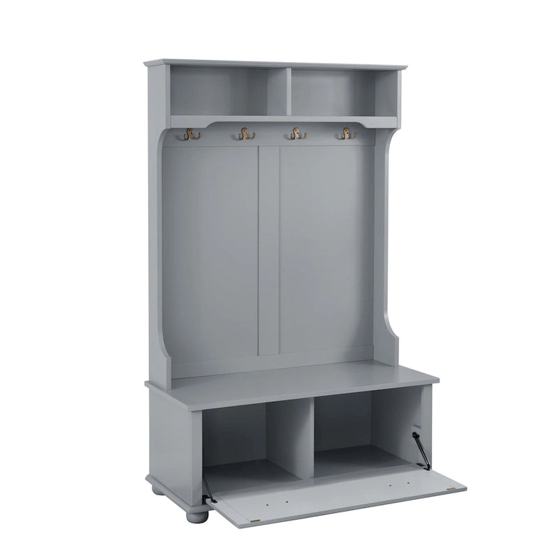 Coastal Style Hall Tree with Entryway Bench, Coat Hooks, Open Shelves and Shoe Storage