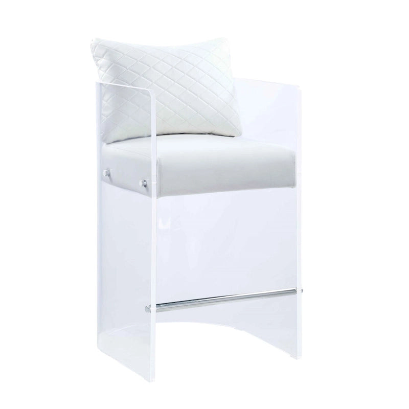 Counter Height Stool with Curved Acrylic Frame, White Faux Leather and Steel Footrest, Fully Assembled