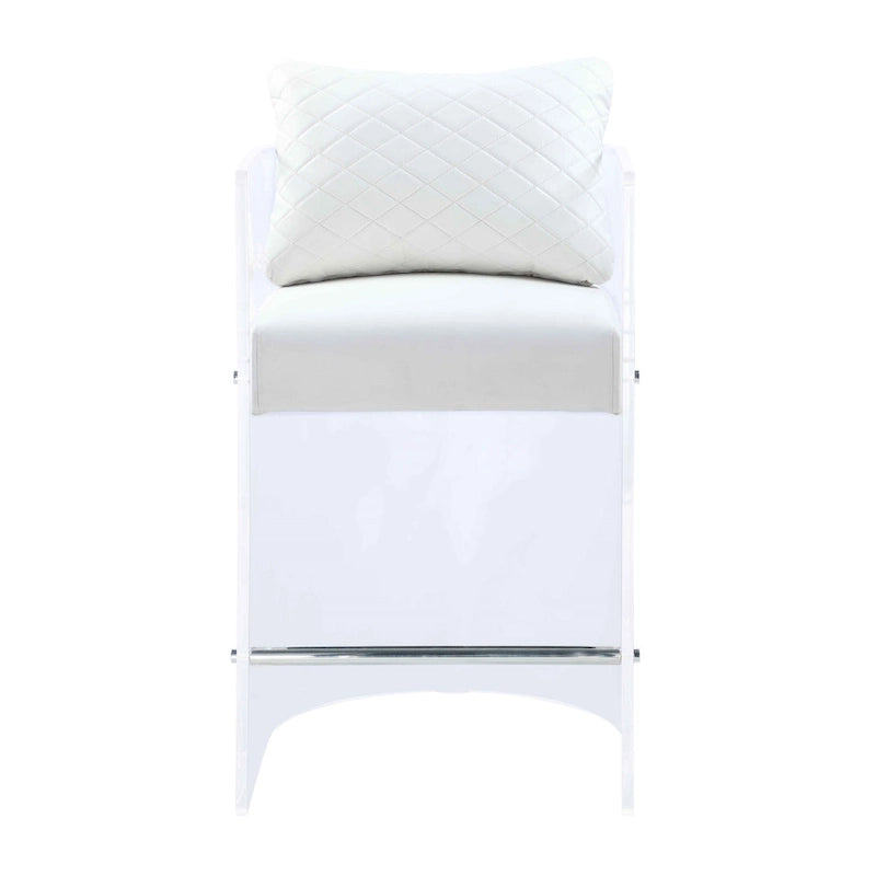 Counter Height Stool with Curved Acrylic Frame, White Faux Leather and Steel Footrest, Fully Assembled