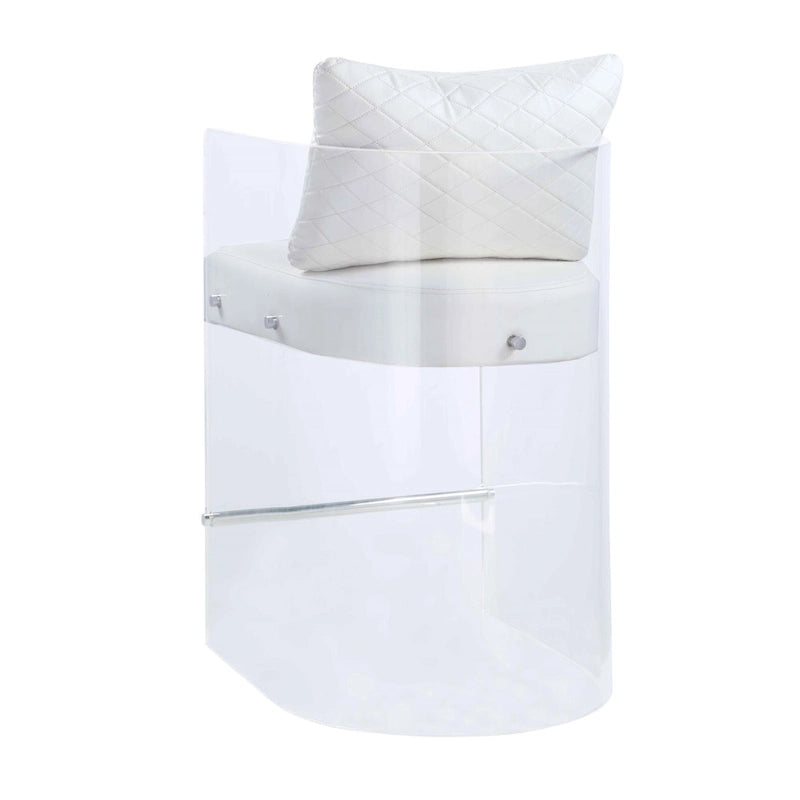 Counter Height Stool with Curved Acrylic Frame, White Faux Leather and Steel Footrest, Fully Assembled