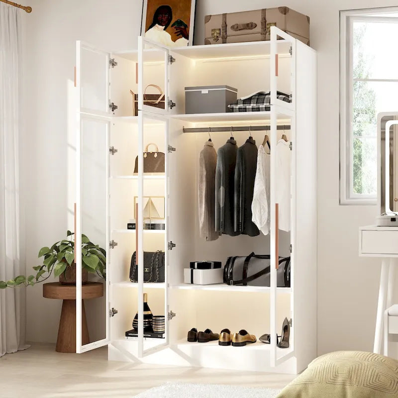 Lighted Glass Door Wardrobe Armoire with 8 Storage Cubes and Hanging Rod, 47.2 Inch