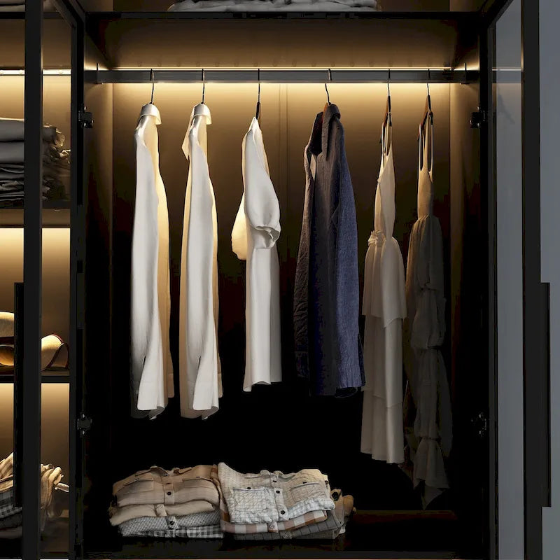 Lighted Glass Door Wardrobe Armoire with 8 Storage Cubes and Hanging Rod, 47.2 Inch