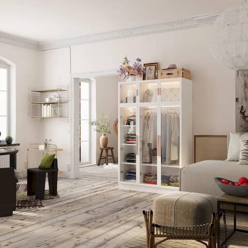 Lighted Glass Door Wardrobe Armoire with 8 Storage Cubes and Hanging Rod, 47.2 Inch