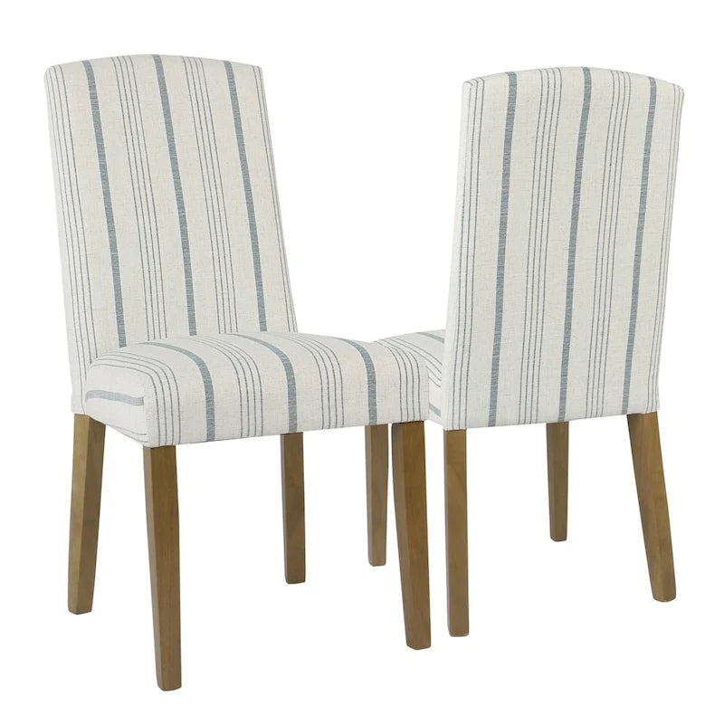 Upholstered Dining Chair with Wood Legs, Blue Stripe Fabric, Set of 2