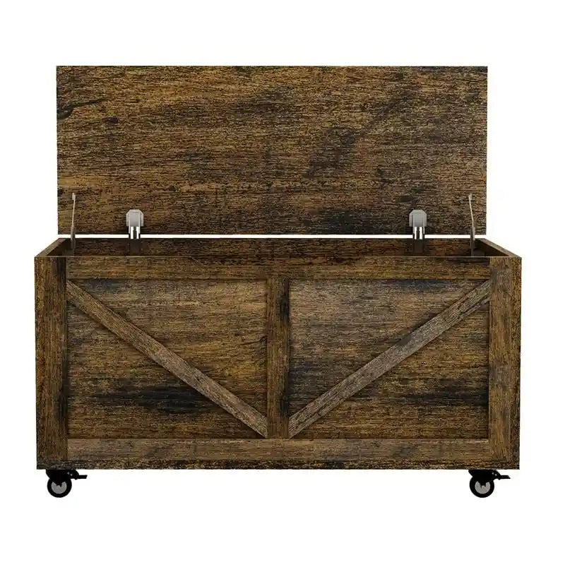 Wooden Storage Bench on Wheels with Brakes, Lid Storage Chest, 300 lbs Capacity