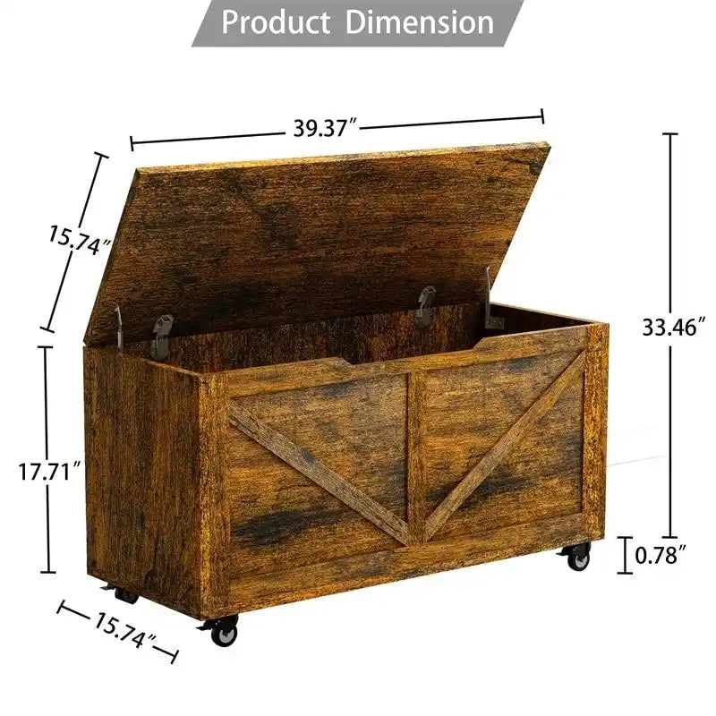 Wooden Storage Bench on Wheels with Brakes, Lid Storage Chest, 300 lbs Capacity
