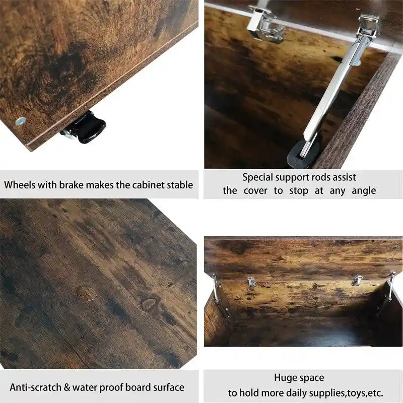 Wooden Storage Bench on Wheels with Brakes, Lid Storage Chest, 300 lbs Capacity