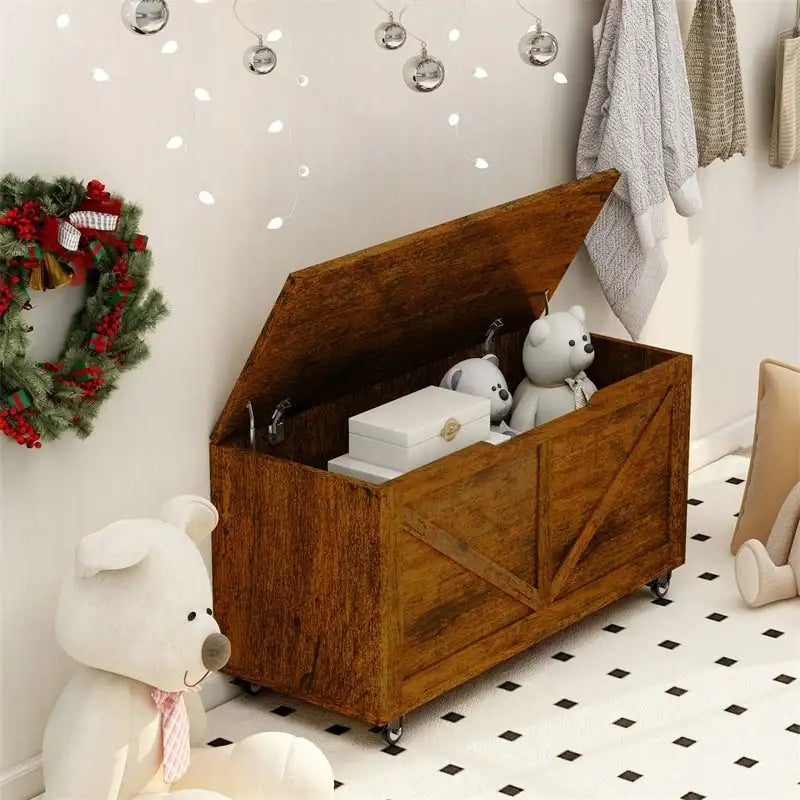 Wooden Storage Bench on Wheels with Brakes, Lid Storage Chest, 300 lbs Capacity