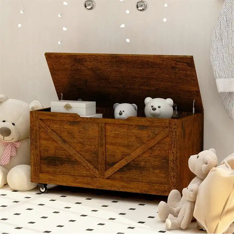 Wooden Storage Bench on Wheels with Brakes, Lid Storage Chest, 300 lbs Capacity