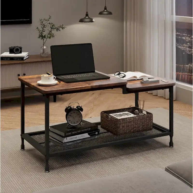 2-Tier Industrial Rustic Coffee Table with Mesh Shelf, Metal Frame and Wood Grain Finish