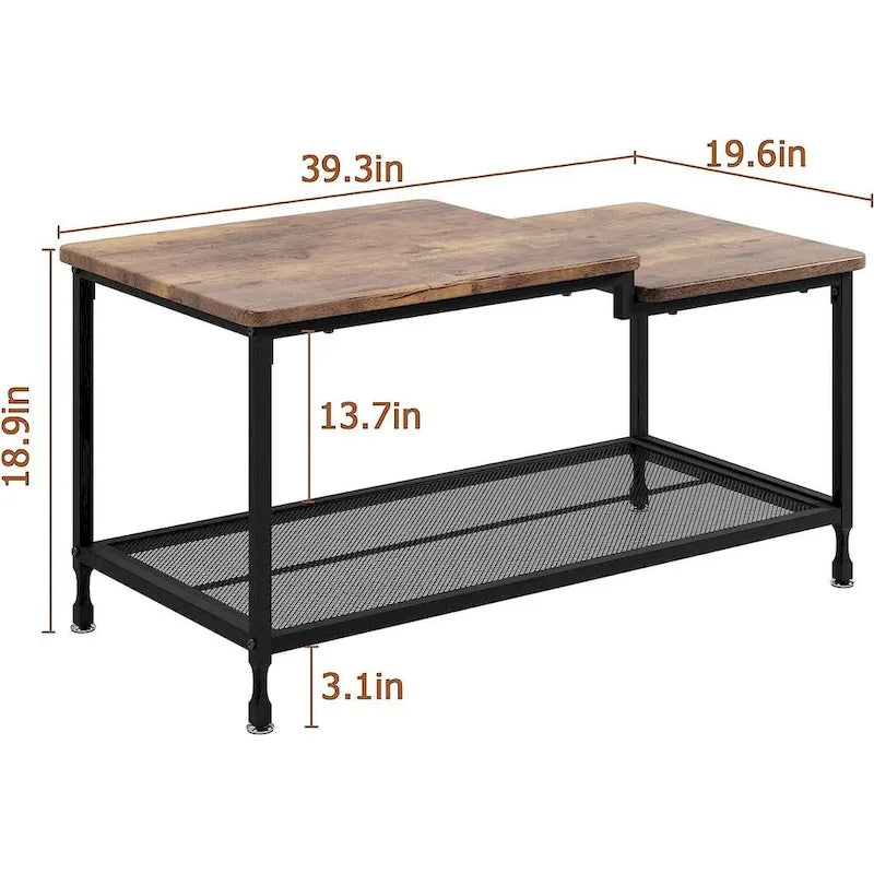 2-Tier Industrial Rustic Coffee Table with Mesh Shelf, Metal Frame and Wood Grain Finish