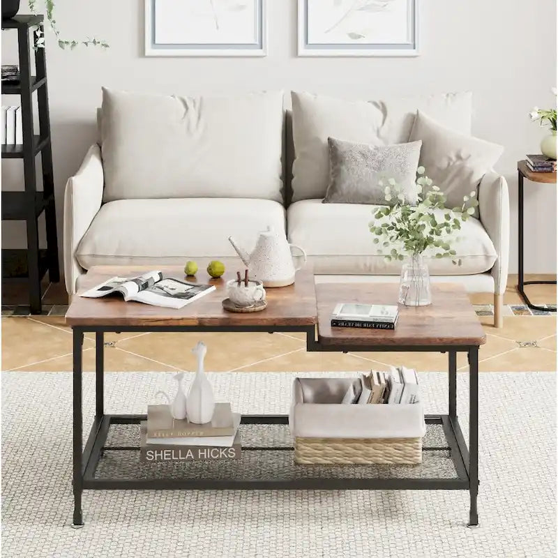 2-Tier Industrial Rustic Coffee Table with Mesh Shelf, Metal Frame and Wood Grain Finish