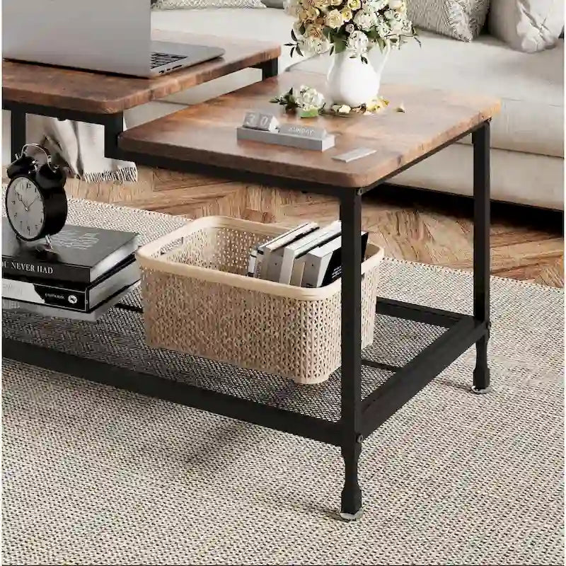 2-Tier Industrial Rustic Coffee Table with Mesh Shelf, Metal Frame and Wood Grain Finish