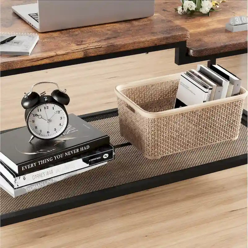 2-Tier Industrial Rustic Coffee Table with Mesh Shelf, Metal Frame and Wood Grain Finish