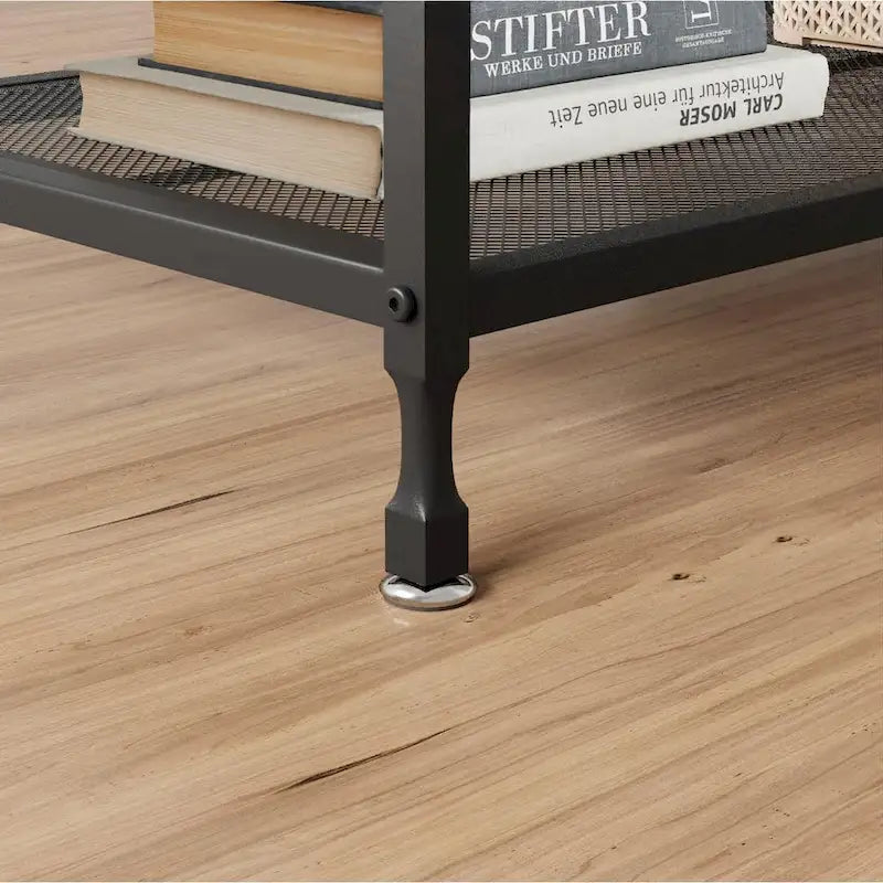 2-Tier Industrial Rustic Coffee Table with Mesh Shelf, Metal Frame and Wood Grain Finish