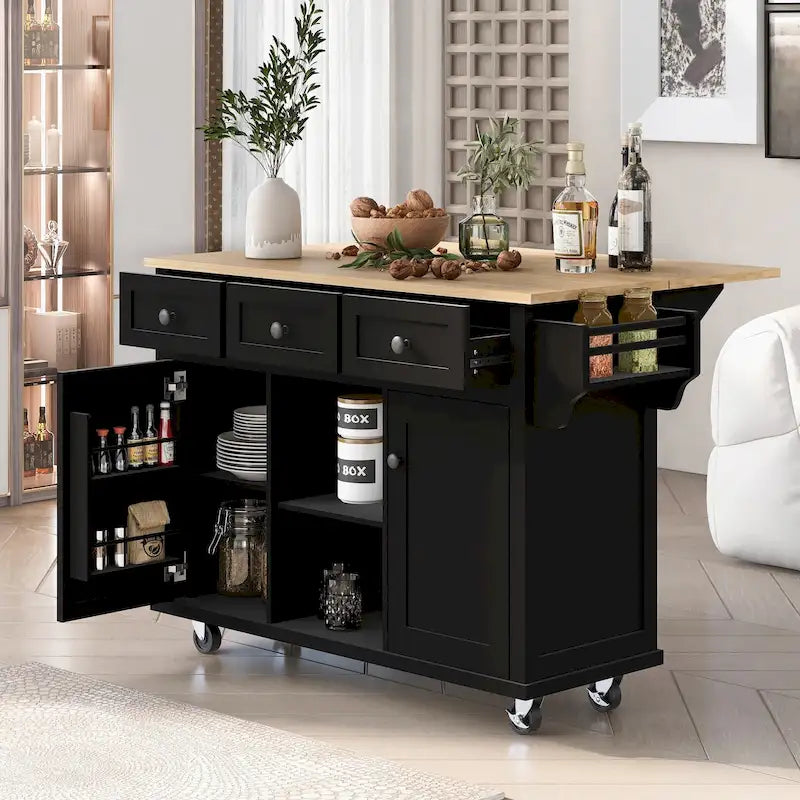 Kitchen Island Cart with Drop-Leaf Countertop, 3 Drawers, Towel Rack and 5 Rolling Wheels