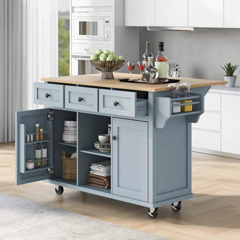 Kitchen Island Cart with Drop-Leaf Countertop, 3 Drawers, Towel Rack and 5 Rolling Wheels