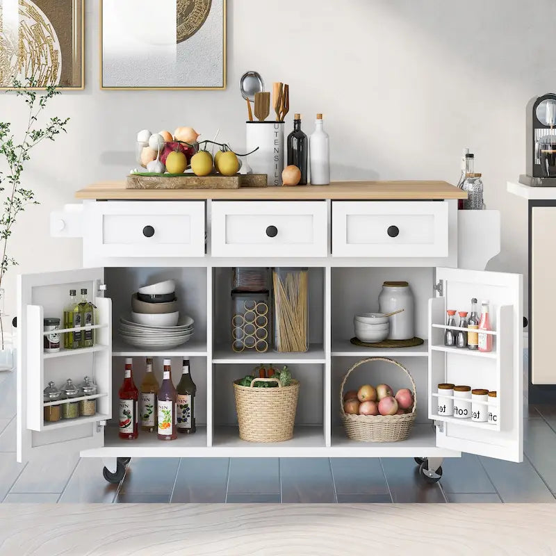 Kitchen Island Cart with Drop-Leaf Countertop, 3 Drawers, Towel Rack and 5 Rolling Wheels