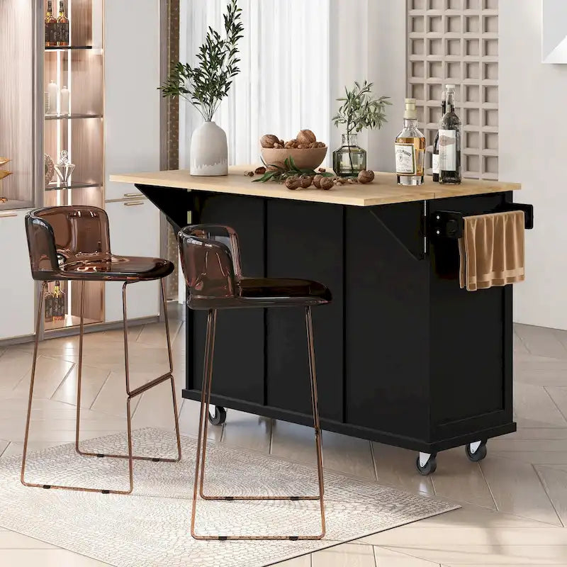 Kitchen Island Cart with Drop-Leaf Countertop, 3 Drawers, Towel Rack and 5 Rolling Wheels