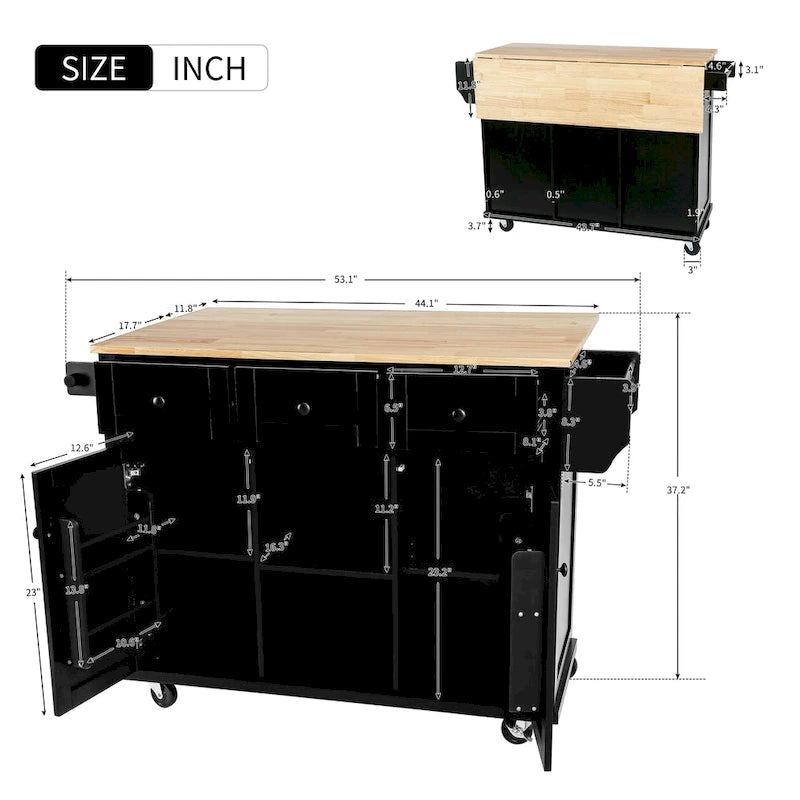 Kitchen Island Cart with Drop-Leaf Countertop, 3 Drawers, Towel Rack and 5 Rolling Wheels