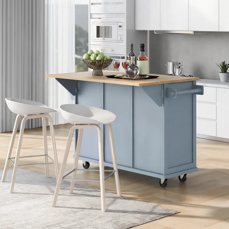 Kitchen Island Cart with Drop-Leaf Countertop, 3 Drawers, Towel Rack and 5 Rolling Wheels