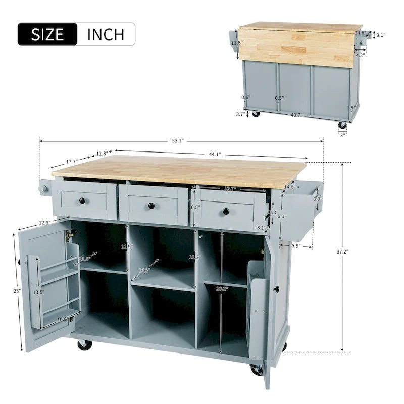 Kitchen Island Cart with Drop-Leaf Countertop, 3 Drawers, Towel Rack and 5 Rolling Wheels