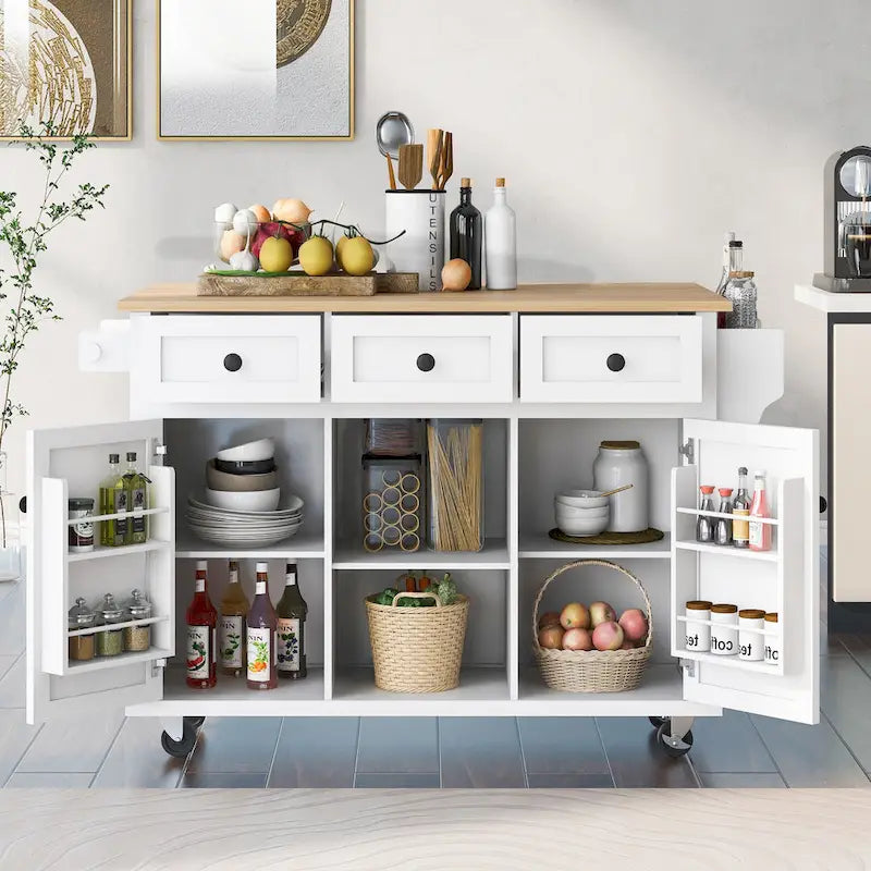 Kitchen Island Cart with Drop-Leaf Countertop, 3 Drawers, Towel Rack and 5 Rolling Wheels