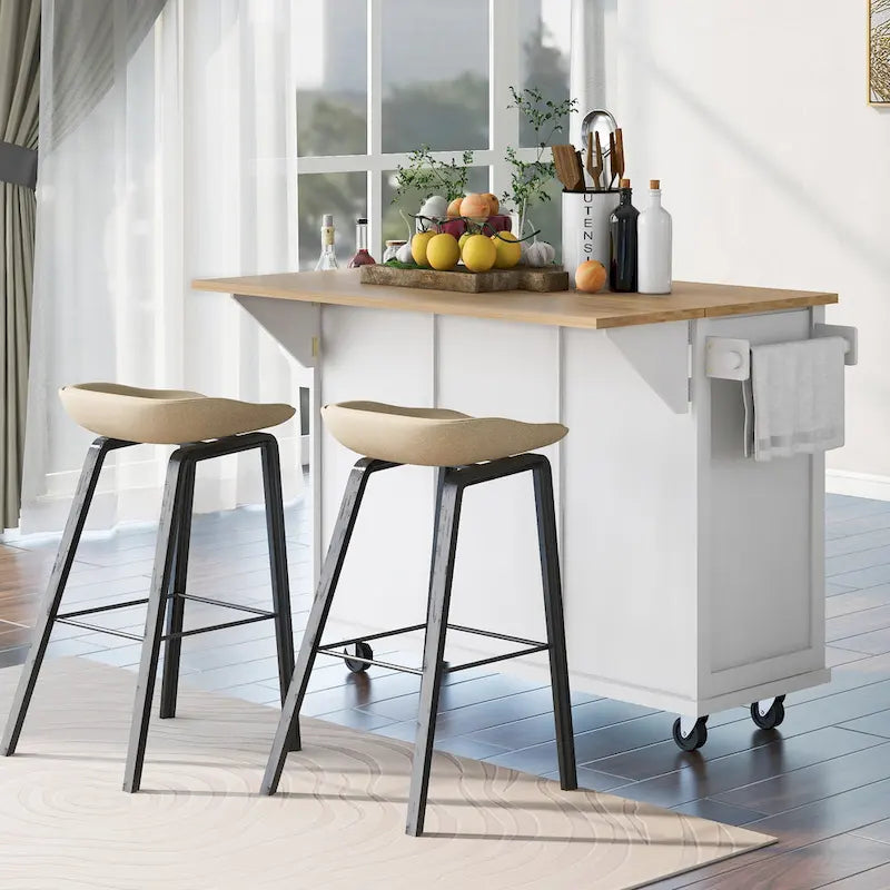 Kitchen Island Cart with Drop-Leaf Countertop, 3 Drawers, Towel Rack and 5 Rolling Wheels