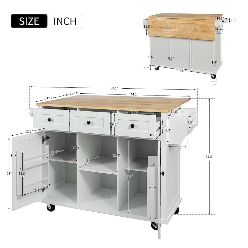 Kitchen Island Cart with Drop-Leaf Countertop, 3 Drawers, Towel Rack and 5 Rolling Wheels
